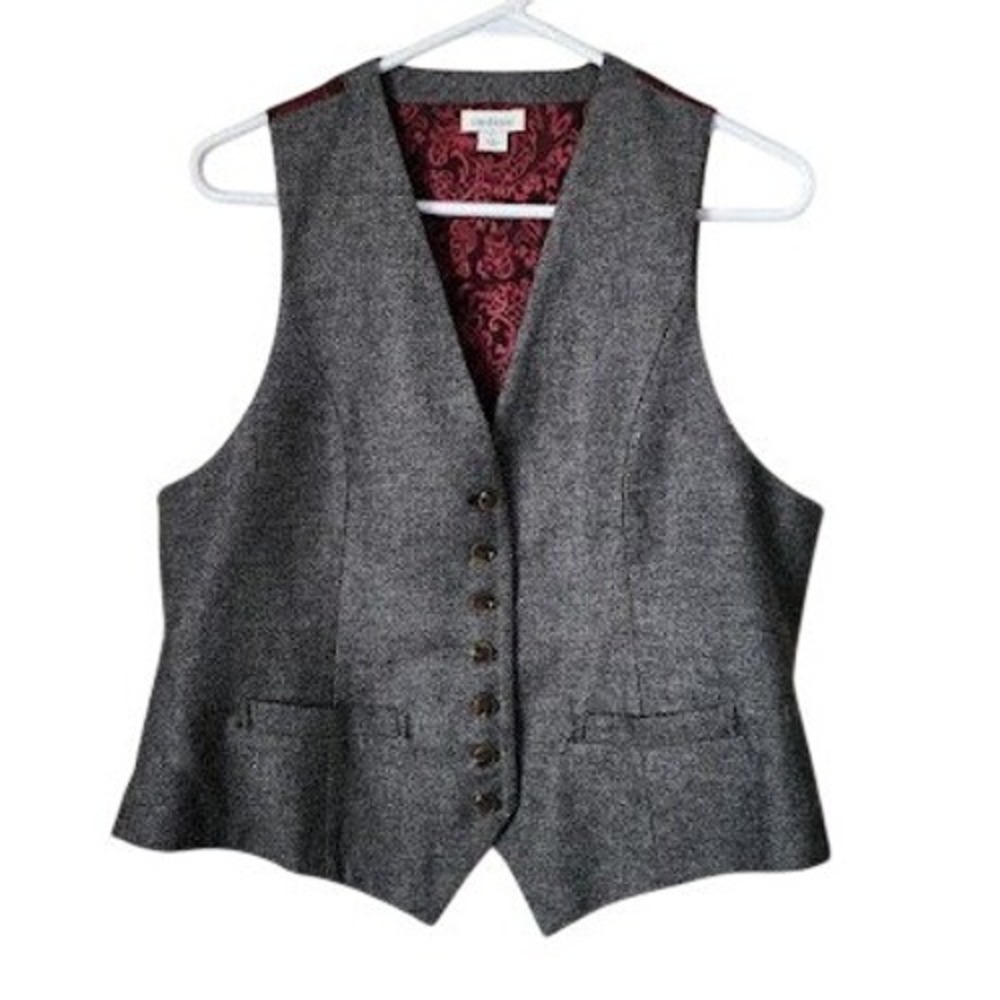 SUNDANCE Gray Tweed Herringbone Vest Women Size L Red Paisley Lining Waistcoat